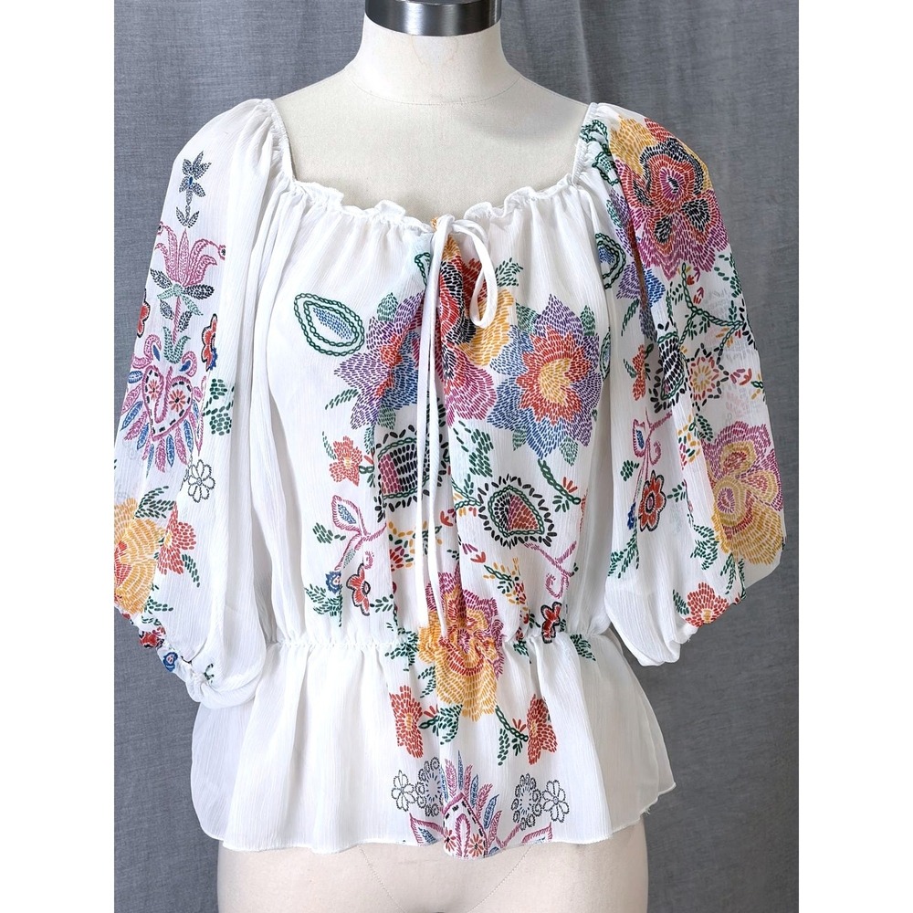 Vintage‎ Floral Print Peasant Blouse White Boho Tie Front Top Caren Sport XL